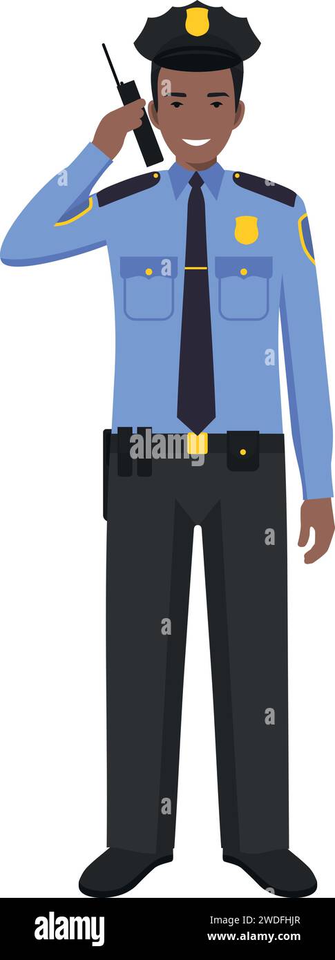 Standing African American Policeman Officer with Walkie-Talkie in Traditional Uniform Character Icon in Flat Style. Stock Vector