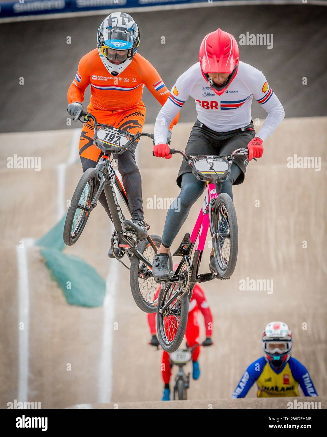 KYE WHYTE (GBR) and Dave Van Der BURG (NED) Elite Men BMX Racers at the 2023 UCI BMX Racing World Championships, Glasgow Stock Photo