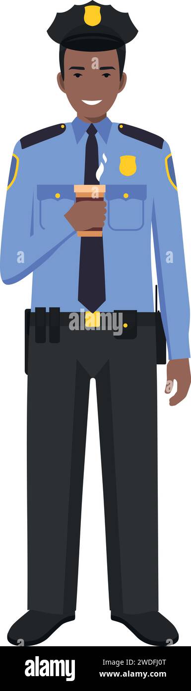 Standing African American Policeman Officer with Cup of Coffee in Traditional Uniform Character Icon in Flat Style. Stock Vector
