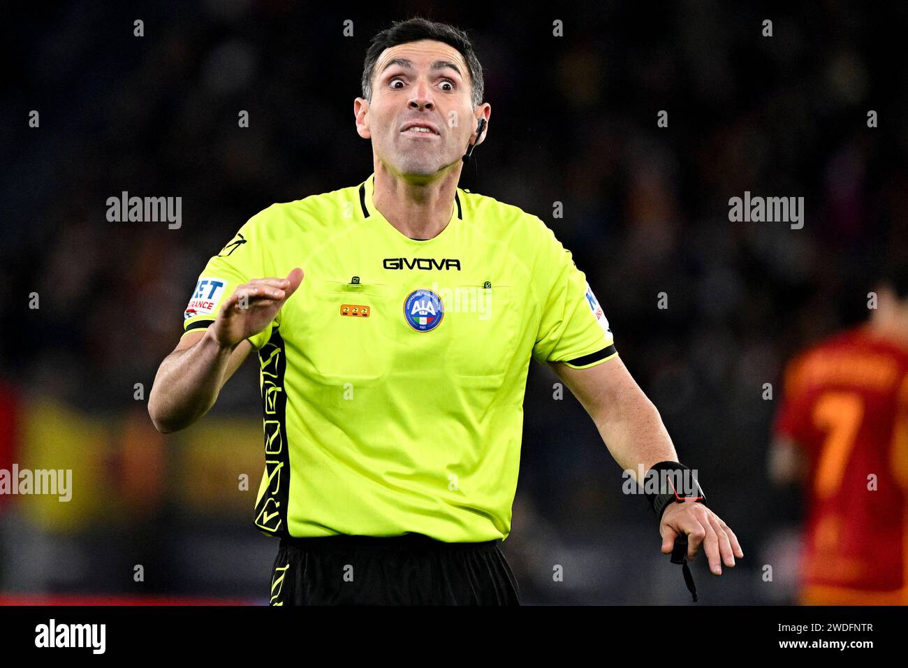 Rome, Italy. 20th Jan, 2024. Referee Juan Luca Sacchi reacts during the ...