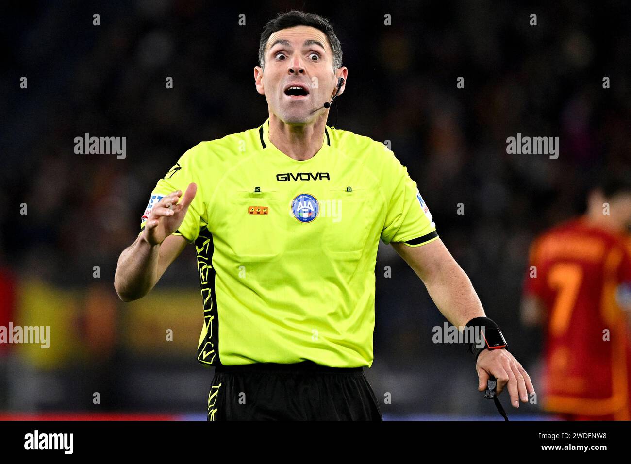 Rome, Italy. 20th Jan, 2024. Referee Juan Luca Sacchi reacts during the ...