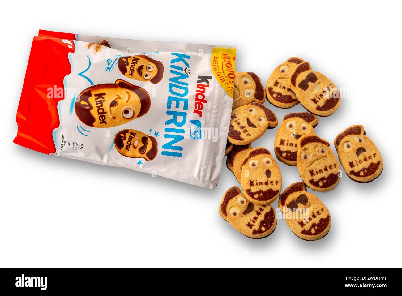 Italy - January 20, 2024: Ferrero Kinder milk and cocoa shortbread cookies in the shape of little faces in many different expressions, in shelf-stable Stock Photo