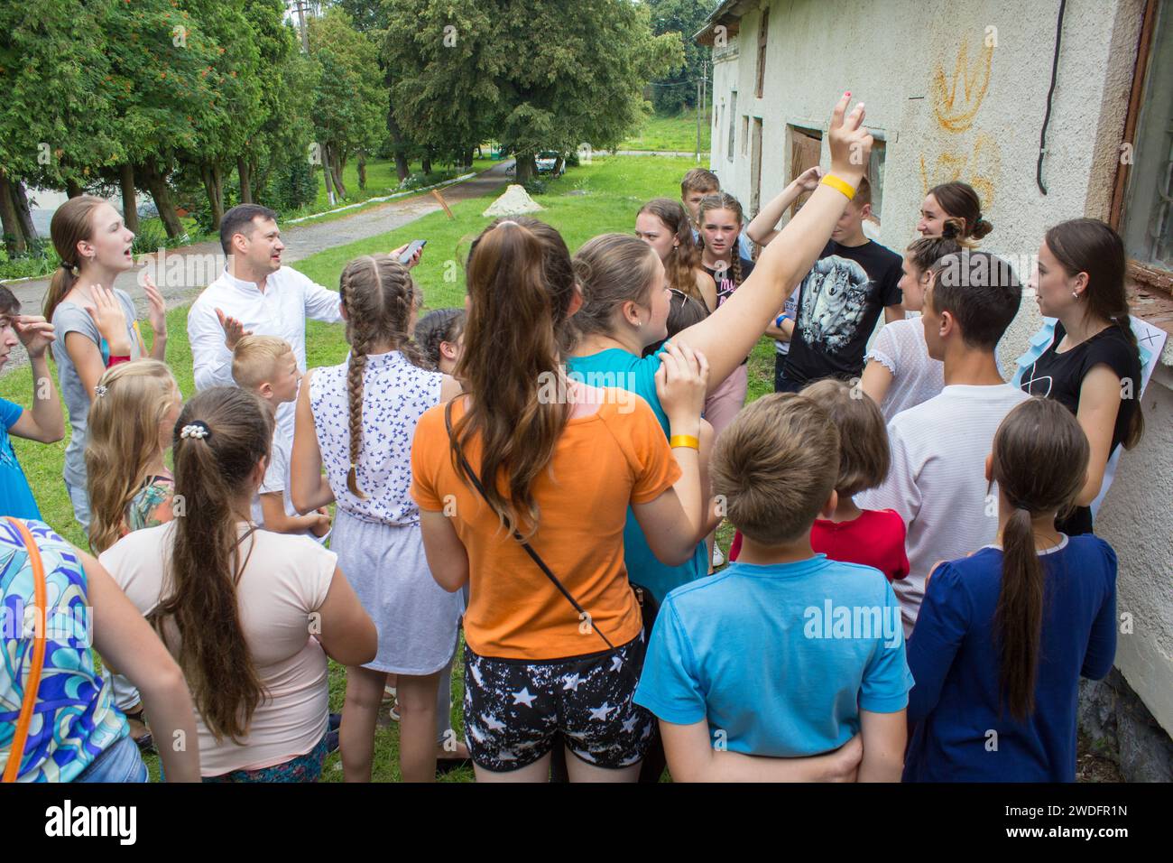 6 July 2018. Ukraine Mervichi,a group of children gathered for a field trip on a summer vacation Stock Photo