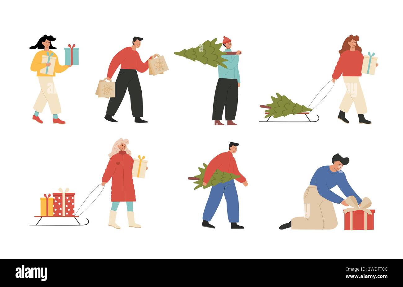 Bundle of people preparing for and celebrating winter holidays. Men and women carrying Christmas tree, walking with presents, receiving gifts, doing s Stock Vector