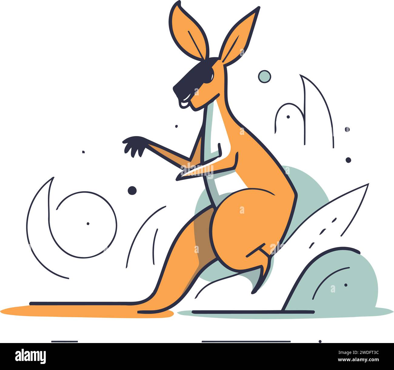 Kangaroo jumping on wave. Vector illustration in line art style Stock