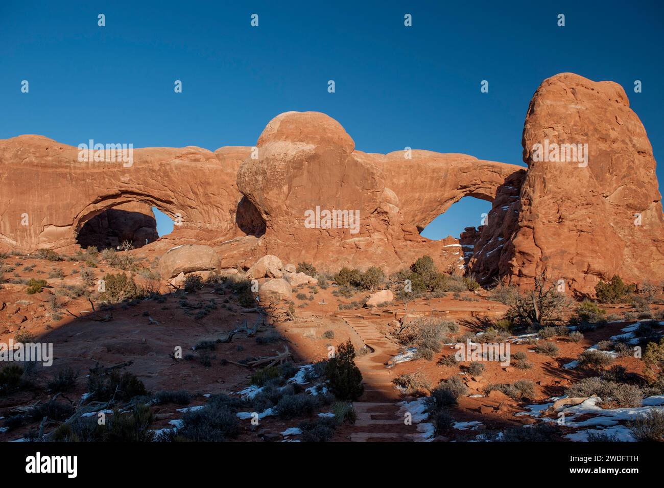 The North (left) and South (right) Windows at Utah's Arches National Park. Stock Photo