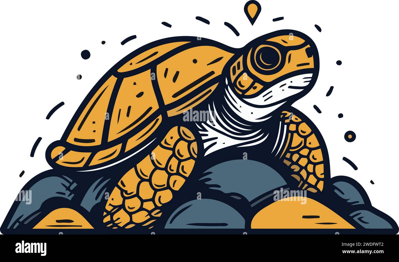 Turtle on a stone. Sea life. Vector illustration in cartoon style. Stock Vector