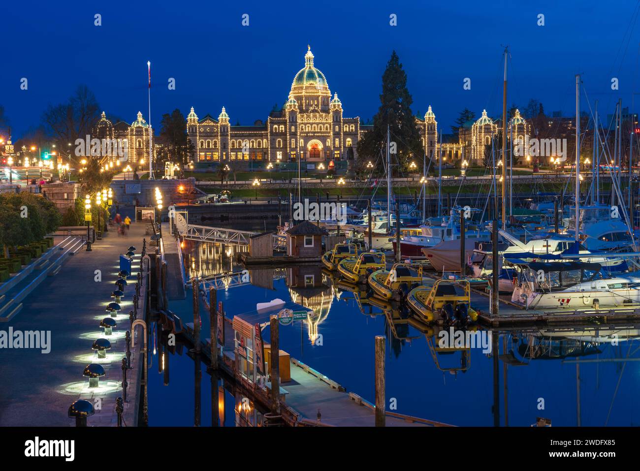 The inner harbor during blue hour in Victoria, Vancouver Island, British Columbia, Canada. Stock Photo