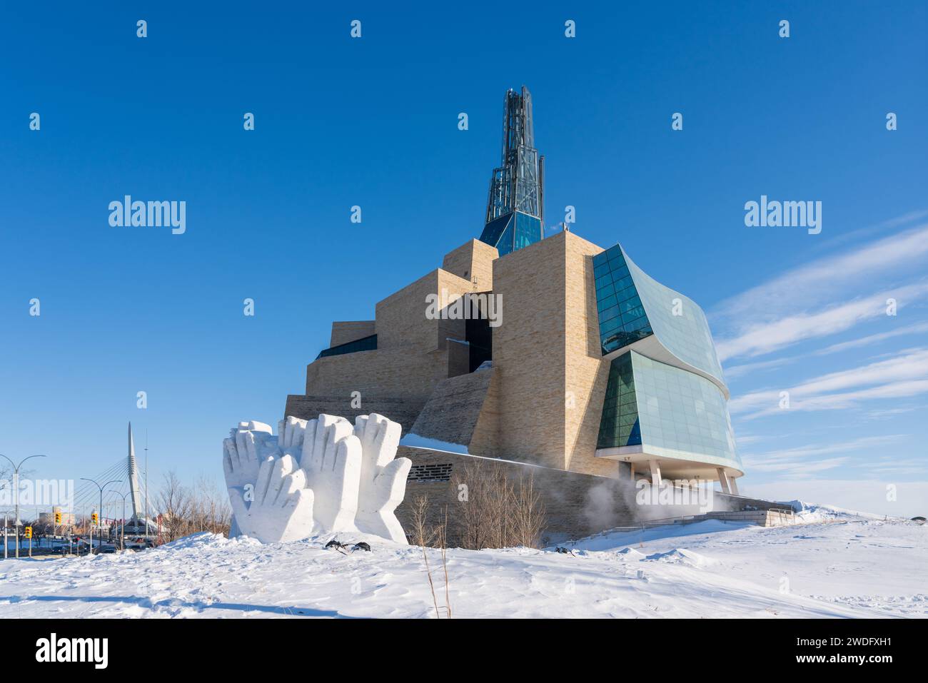 The Canadian Museum for Human Rights and snow sculptures at the Festival du Voyageur in Winnipeg, Manitoba, Canada. Stock Photo