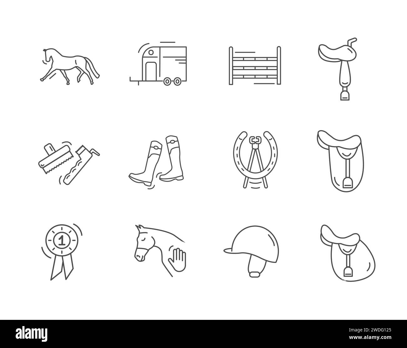 Equestrian icon lined art set. Collection of outlined horse riding icons. Vector illustration on white background Stock Vector
