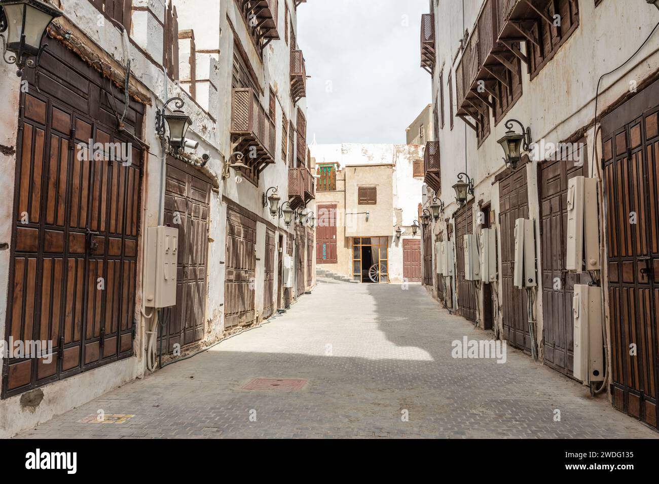 Al-Balad old town street with traditional muslim houses, Jeddah, Saudi Arabia Stock Photo