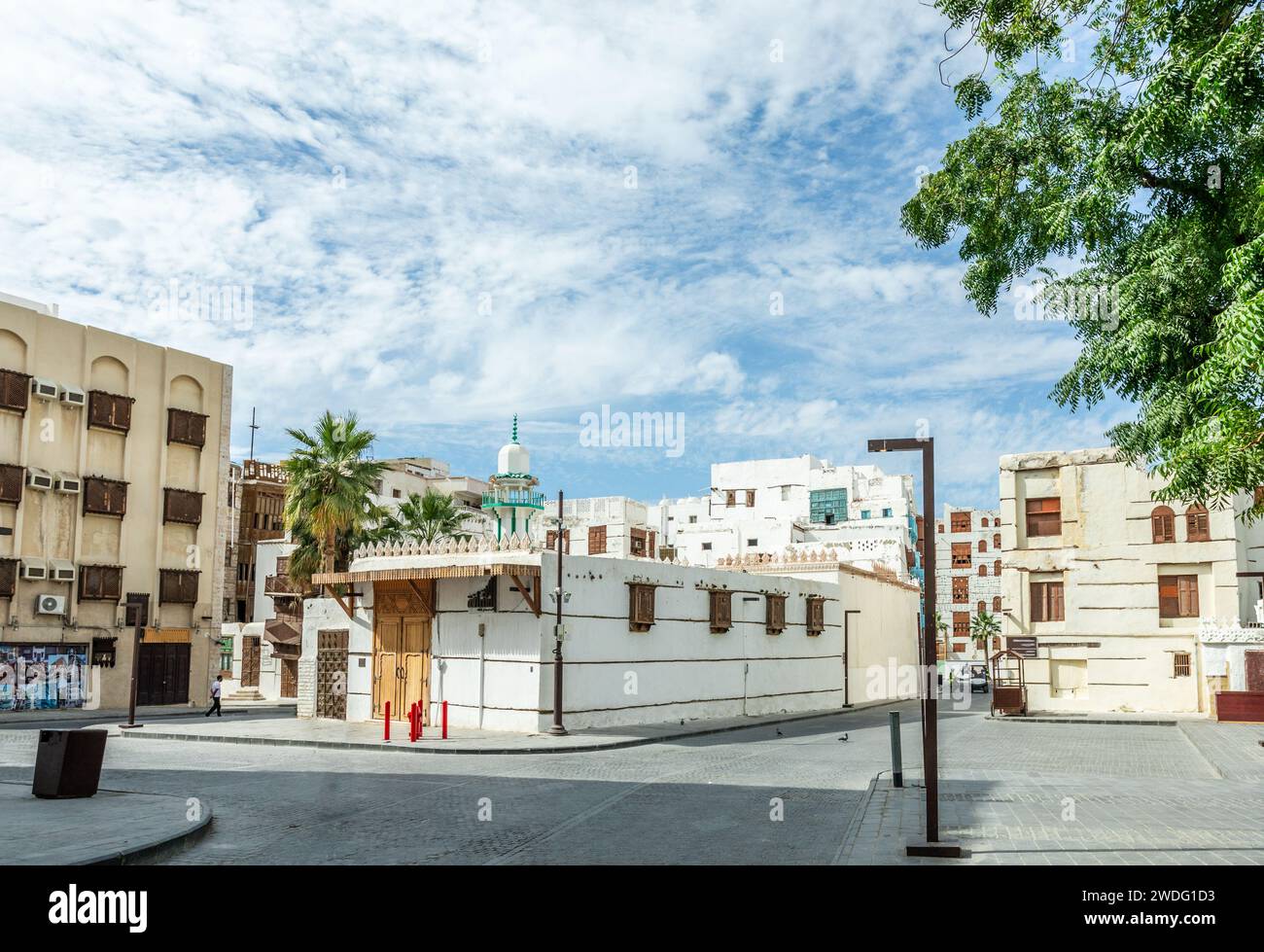 Al-Balad old town street and  traditional muslim houses with wooden windows and balconies, Jeddah, Saudi Arabia Stock Photo