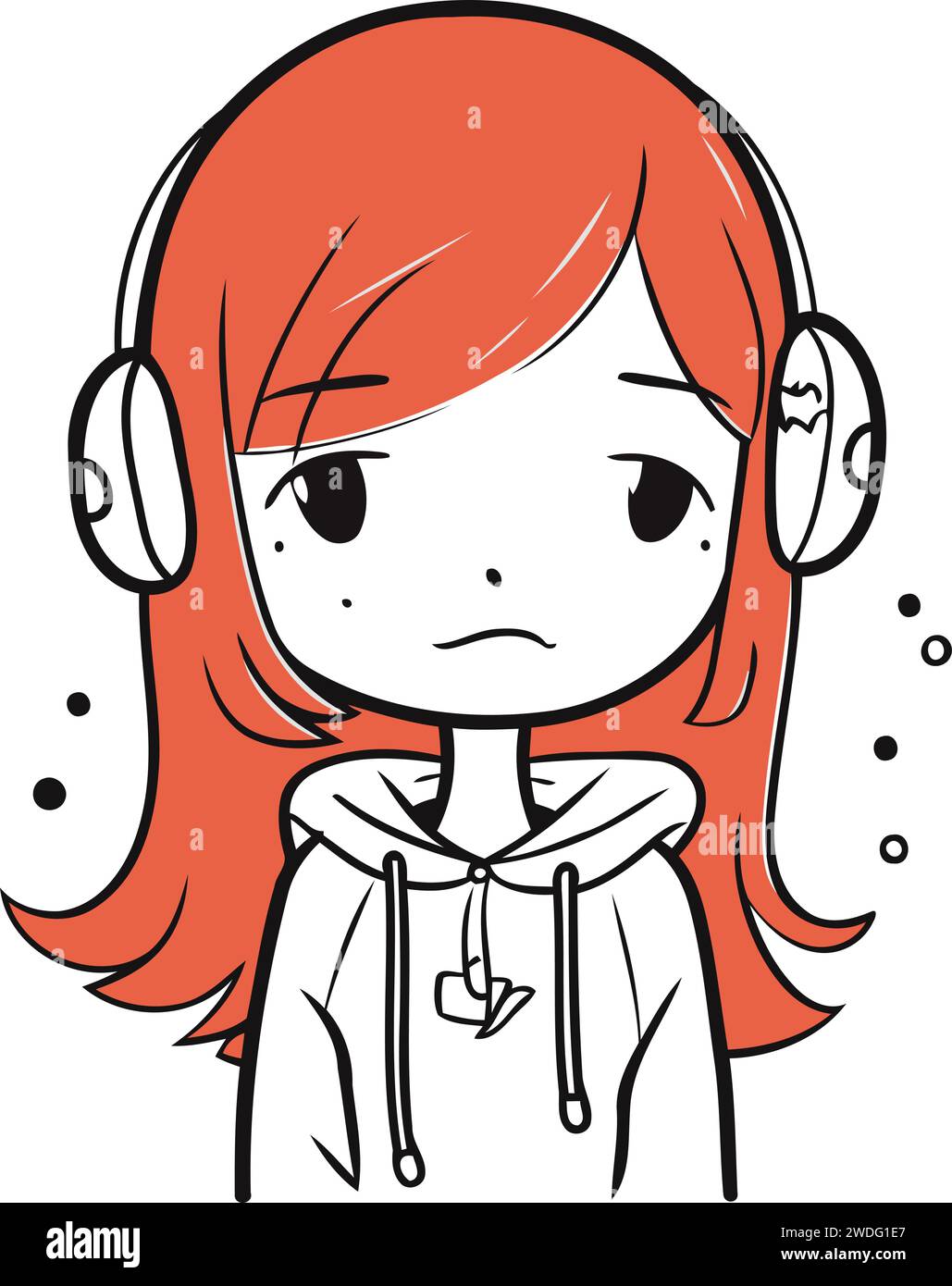 Illustration of a sad little girl with red hair wearing headphones