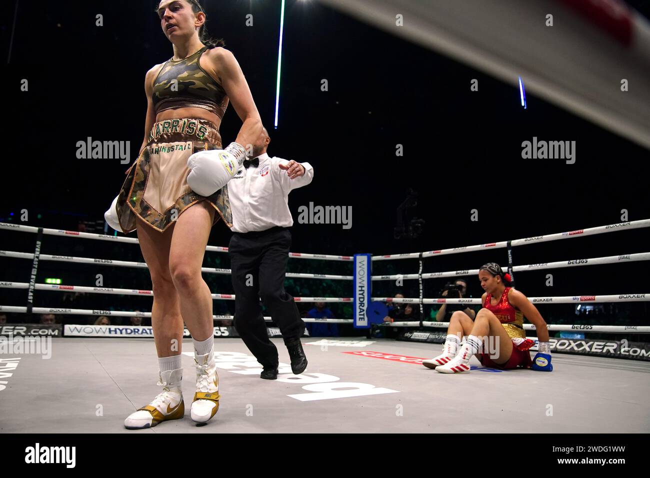 Boxer Karriss Artingstall (left) knocks down Lila Furtado after the first round bell in the Featherweight bout at the M&S Bank Arena, Liverpool. Picture date: Saturday January 20, 2024. Stock Photo