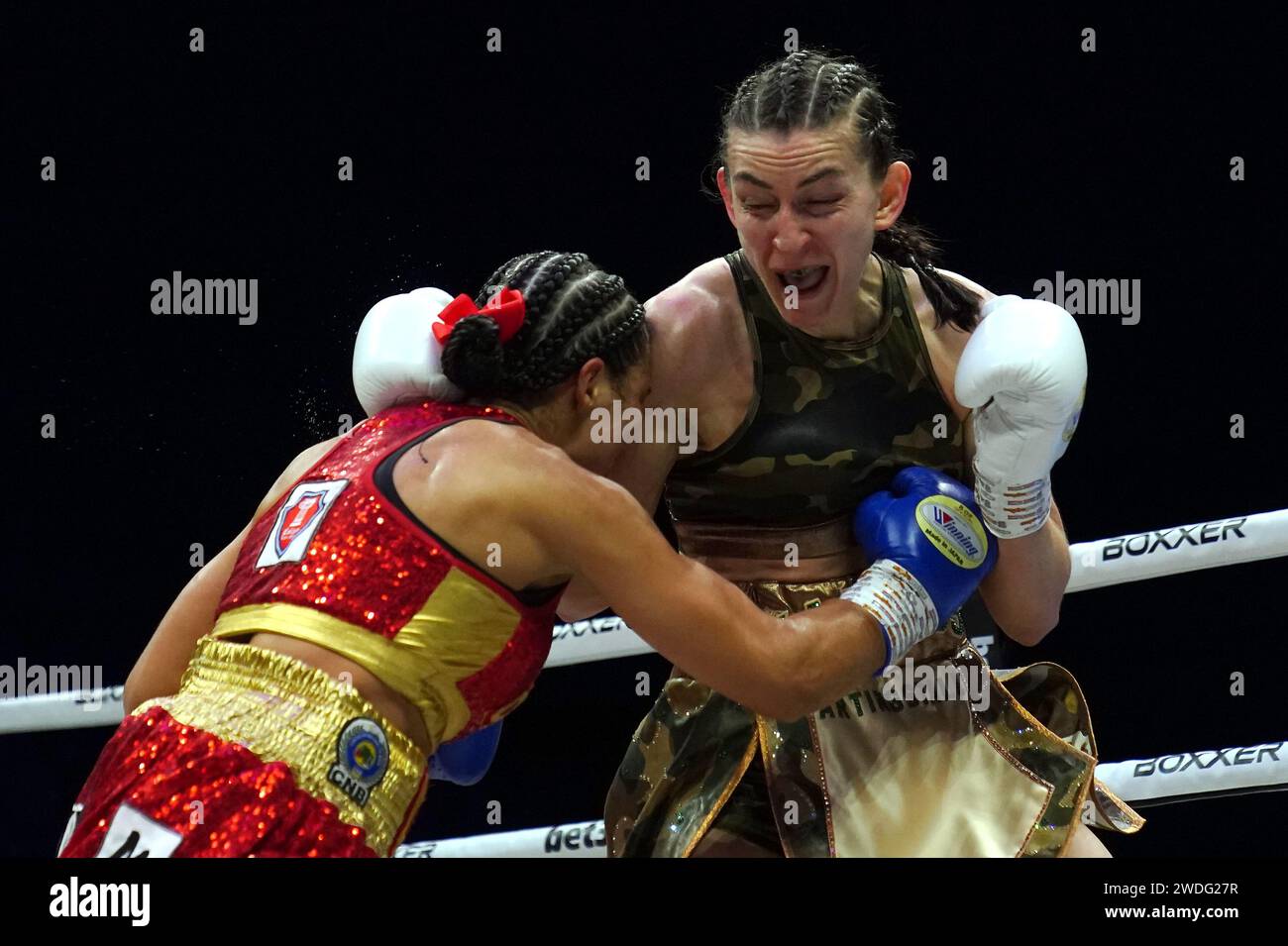 Boxer Karriss Artingstall (right) in action against Lila Furtado in the Featherweight bout at the M&S Bank Arena, Liverpool. Picture date: Saturday January 20, 2024. Stock Photo