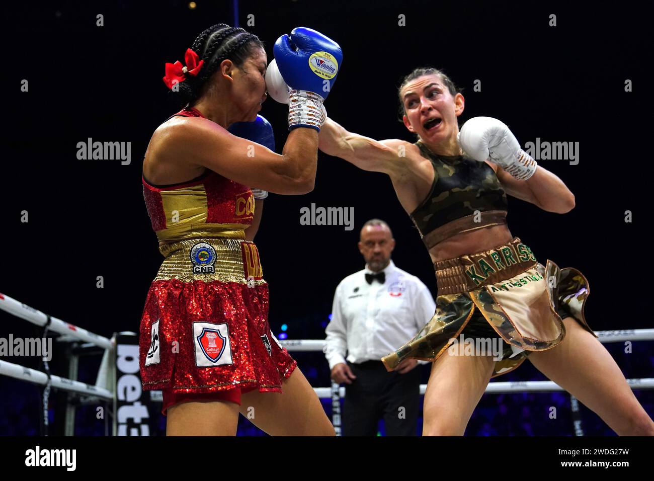 Boxer Karriss Artingstall (right) in action against Lila Furtado in the Featherweight bout at the M&S Bank Arena, Liverpool. Picture date: Saturday January 20, 2024. Stock Photo