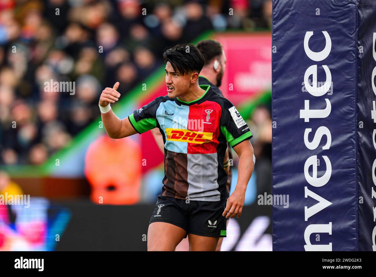 LONDON, UNITED KINGDOM. 20th, Jan 2024. Marcus Smith of Harlequins reacts during Harlequins and Ulster Rugby - Investec Champions Cup at Stoop Stadium on Saturday, 20 January 2024. LONDON ENGLAND.  Credit: Taka G Wu/Alamy Live News Stock Photo