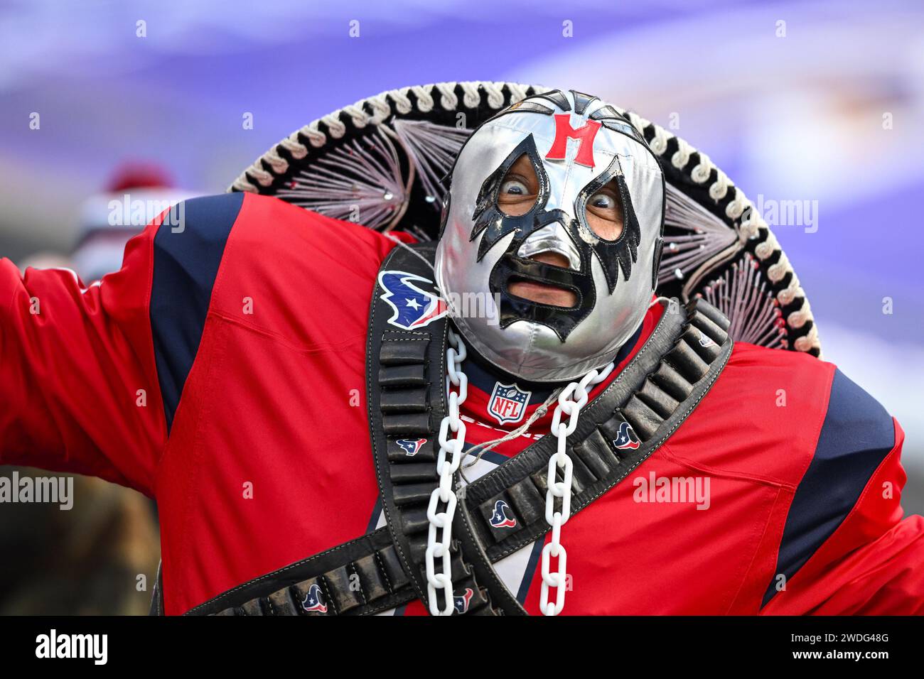 Baltimore, United States. 20th Jan, 2024. A Houston Texans fan shows
