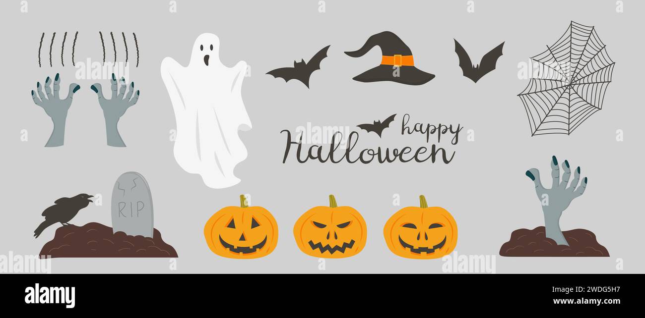 Halloween symbols vector illustrations set. Jack lanterns, witch hat ...