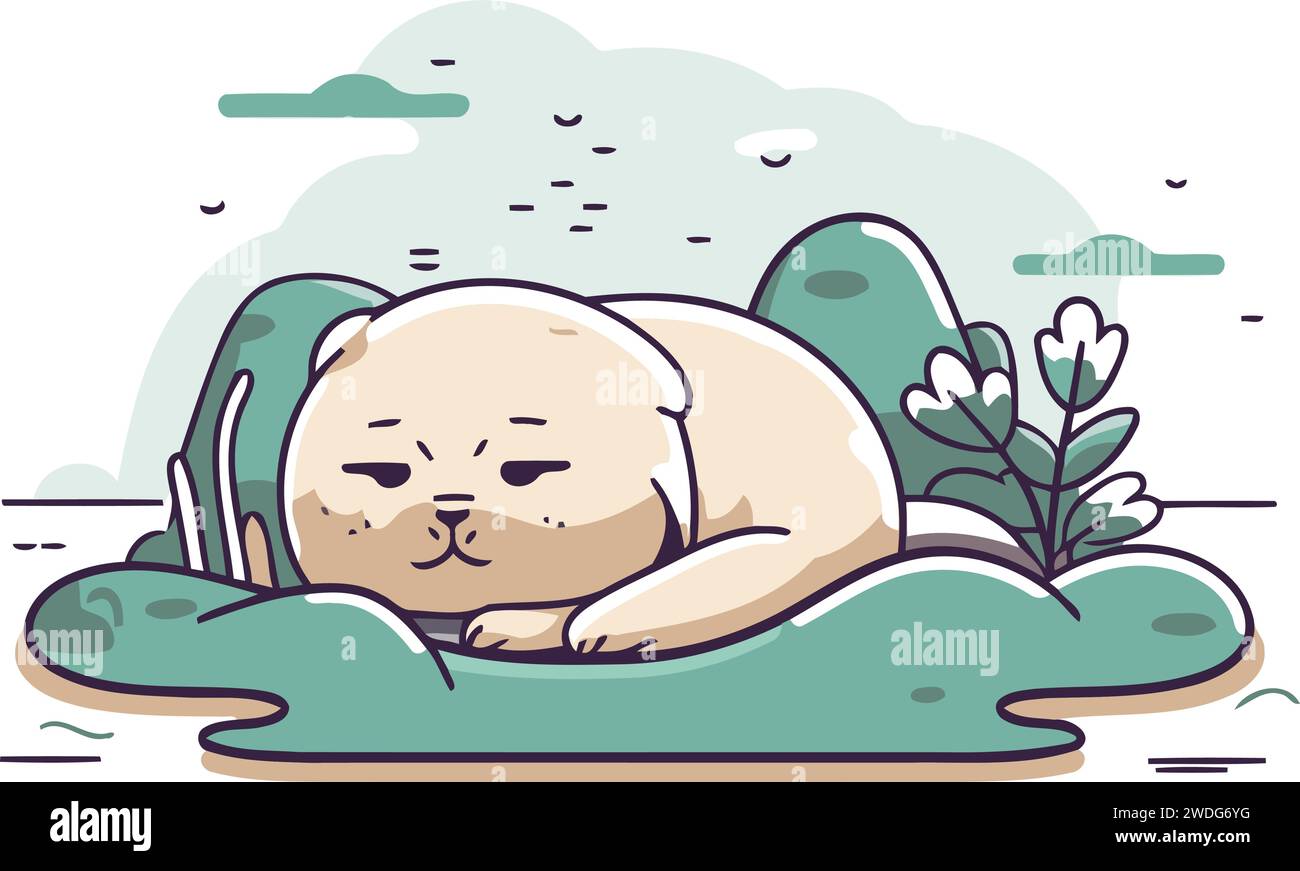 Cute little baby seal sleeping on the grass. Vector illustration Stock
