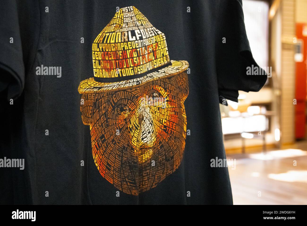 Smokey the Bear t-shirt at the Anna Ruby Falls Visitor Center in Helen, Georgia. (USA) Stock Photo