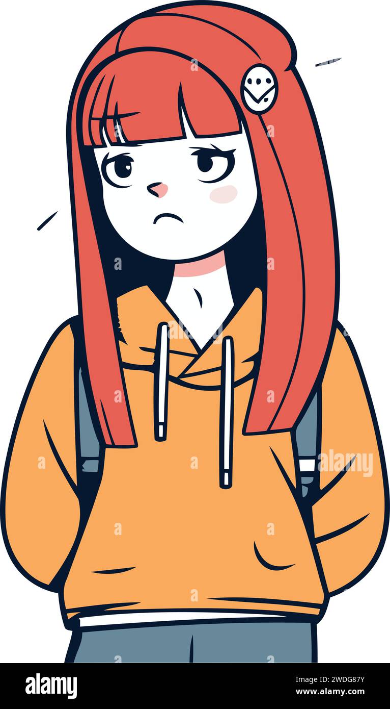 Girl in hoodie with sad expression. Vector illustration in flat style
