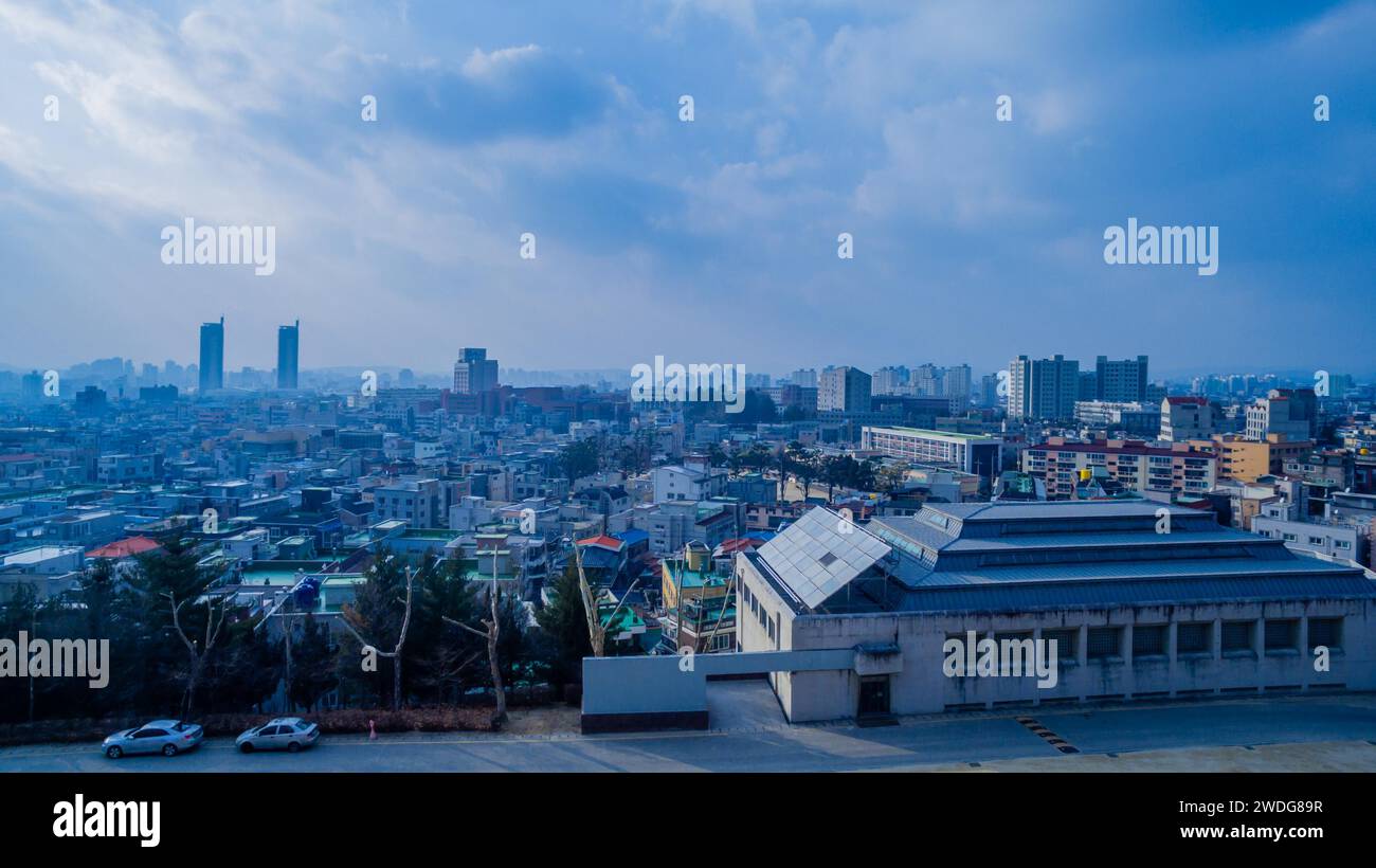 Aerial view of north Daejeon with Woosong University east campus gym building in foreground, South Korea Stock Photo