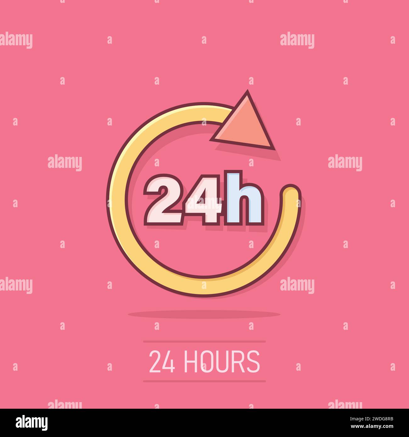 24 hours clock sign icon in comic style. Twenty four hour open vector cartoon illustration on isolated background. Timetable business concept splash e Stock Vector