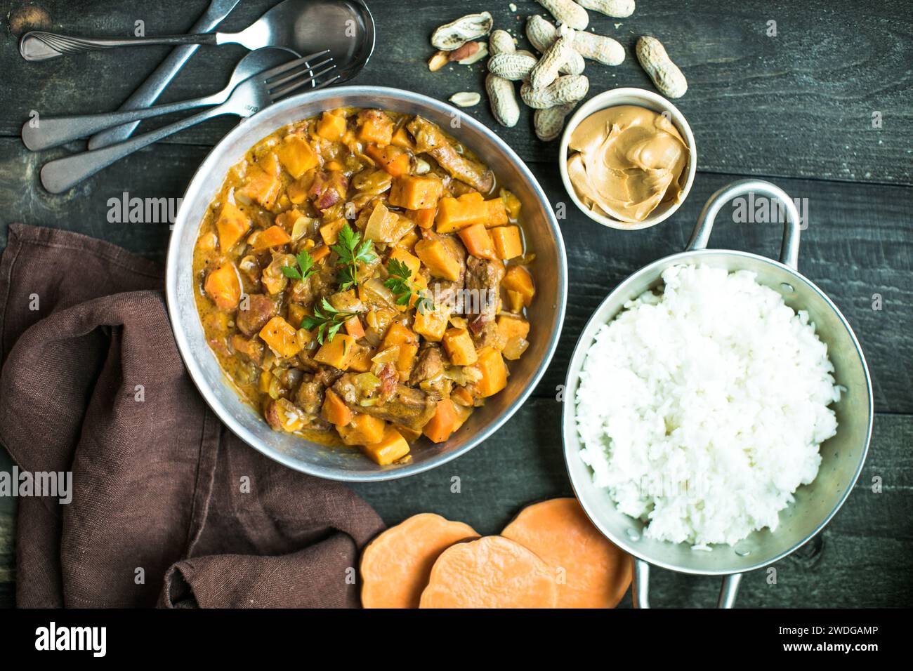 African chicken peanut stew with sweet potatoes with side of basmati ...