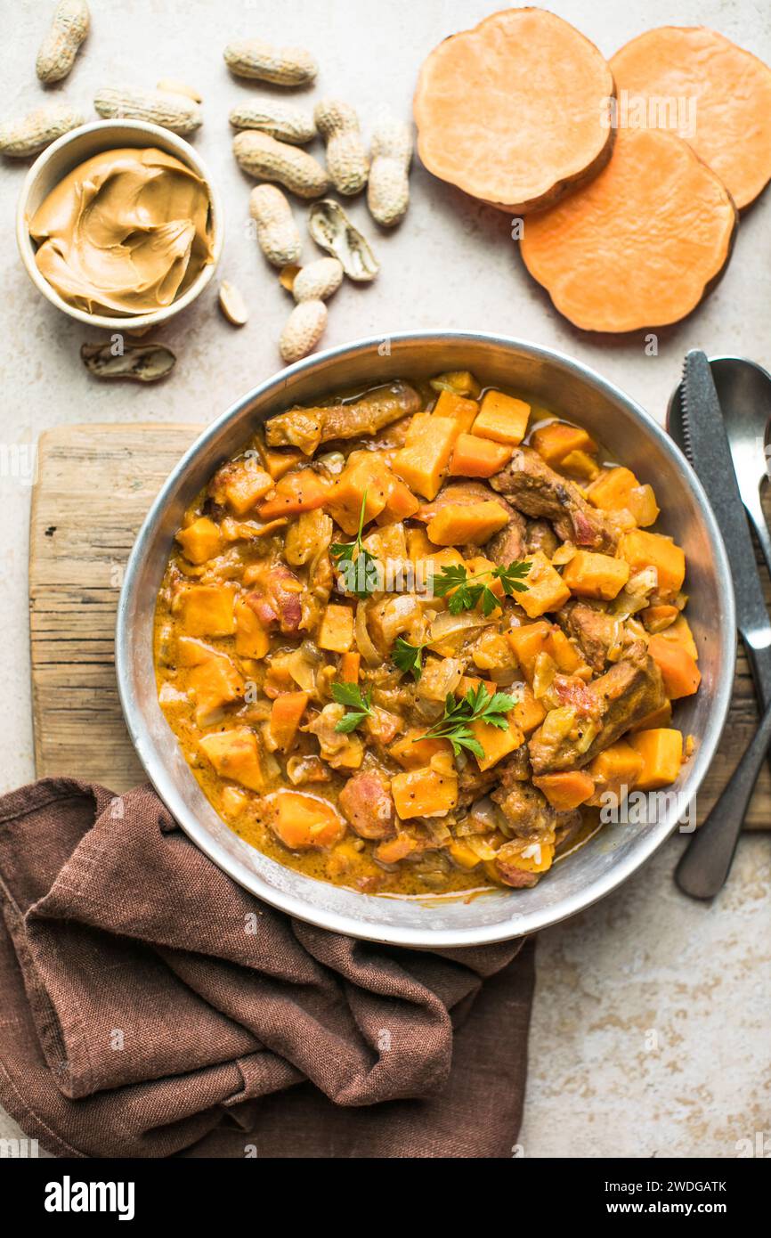African chicken peanut stew with sweet potatoes with side of basmati ...