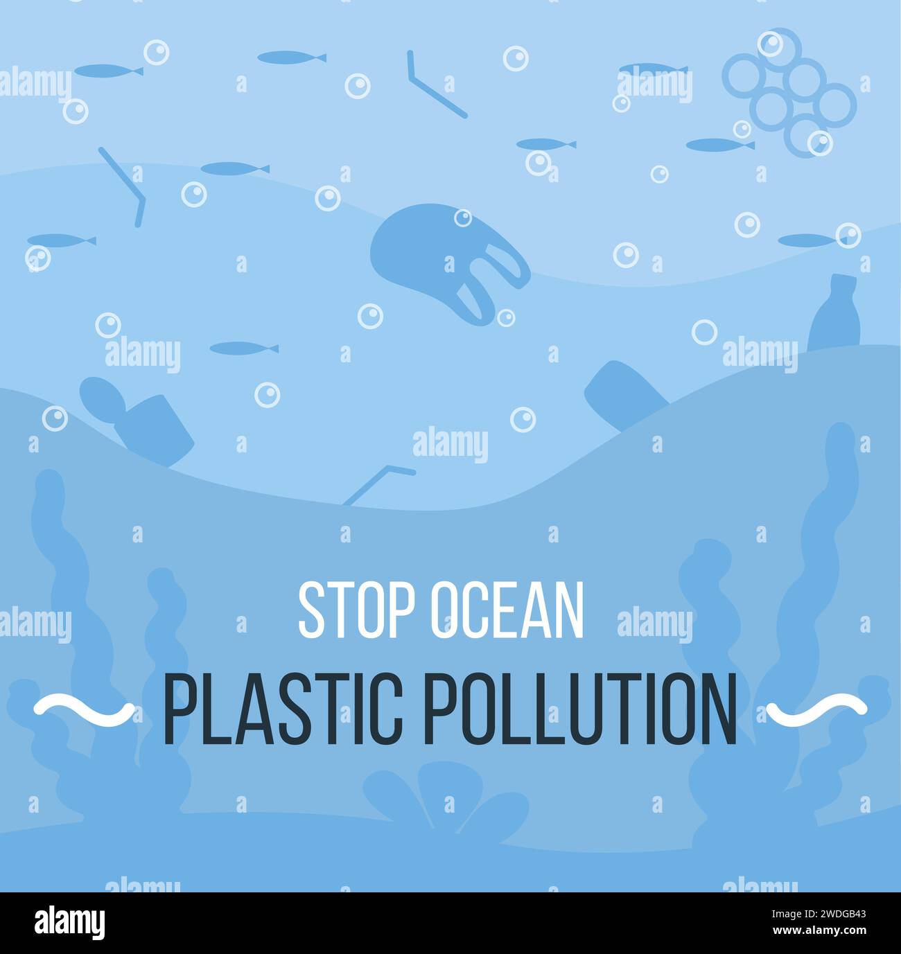 Ocean with aquatic animals and plastic garbage floating in water. Environmental issue or ecology problem of marine pollution, rubbish in sea. Vector i Stock Vector
