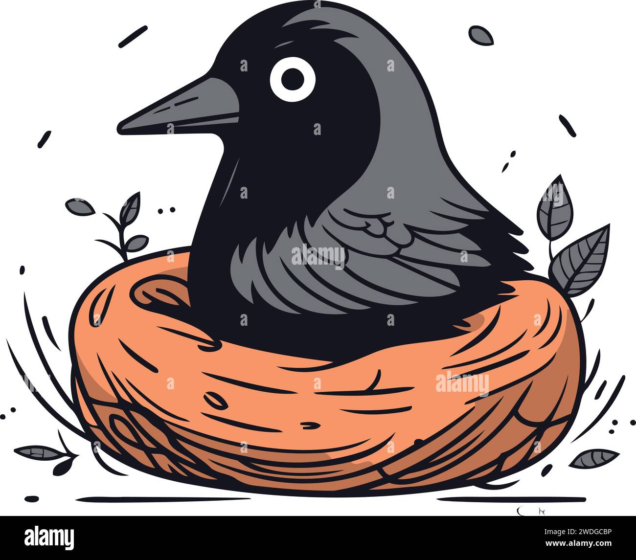 Crow in nest. Vector illustration of a bird in a nest Stock Vector