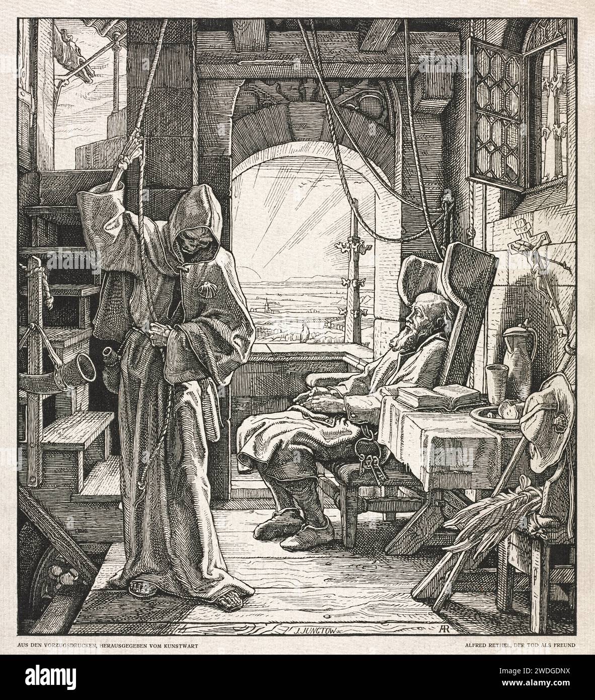 ‘Der Tod als Freund’ [Death as a Friend] 1851 woodcut by Alfred Rethel (1816-1859) showing Death tolling the bell for the passing of an elderly Christian man sleeping peacefully in his chair in the bell tower with the sun setting. Stock Photo
