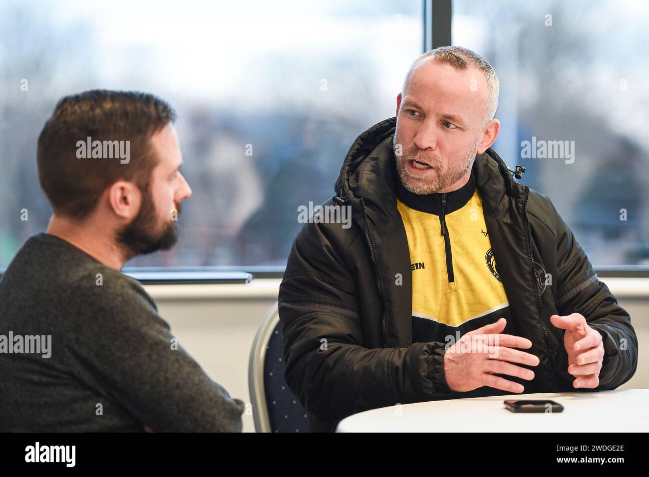 Wakefield, England - 19 January 2024 - York City Knights Head Coach Andrew Henderson talks to media. Rugby League Championship, League One & 1895 Cup. Season Launch and Media Day  at DIY Kitchens Stadium, Wakefield, UK  Dean Williams Stock Photo