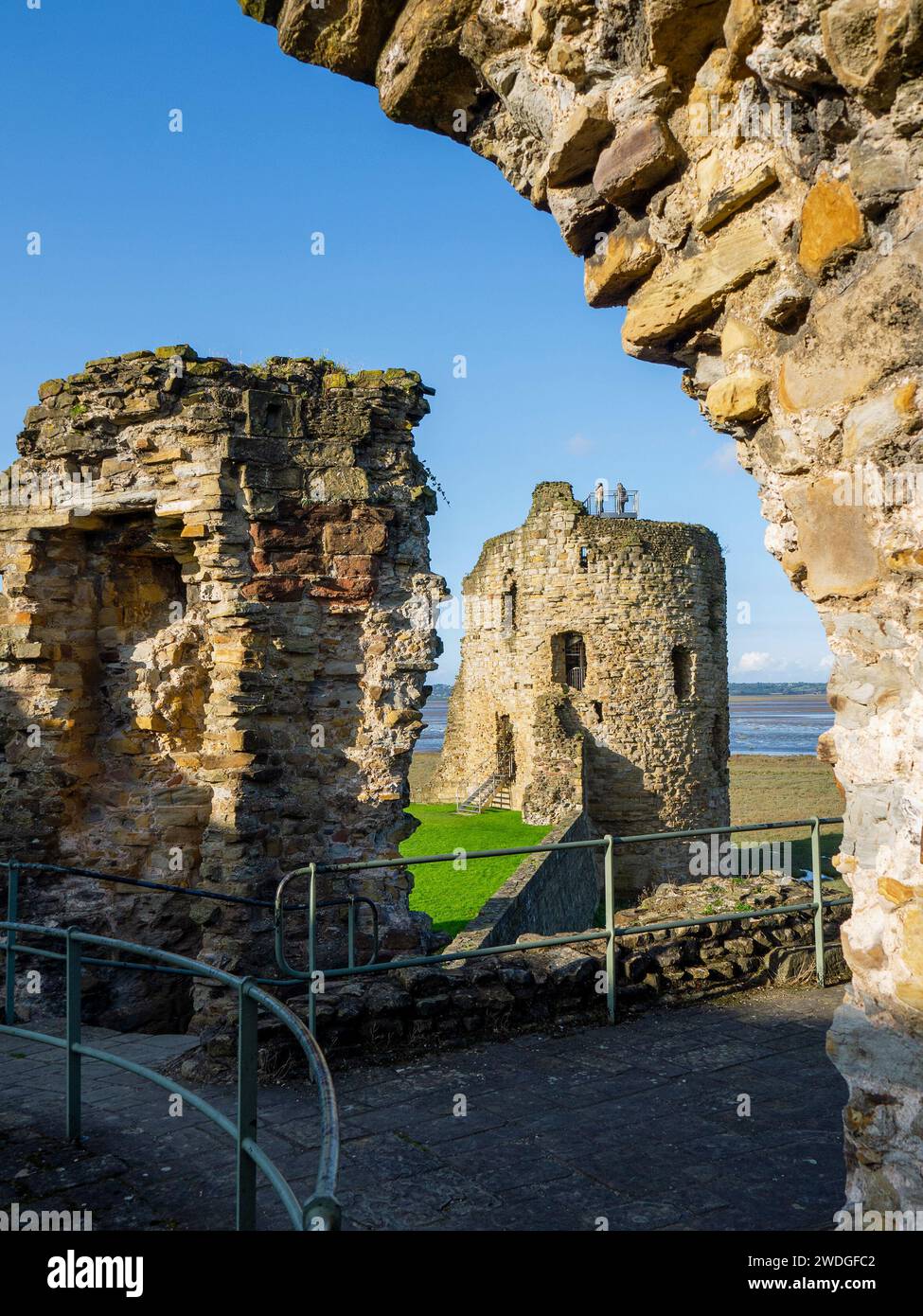 Modern adjustments to the interior of Flint Castle ruins, with a view of the corner tower, Flint, Flintshire, Wales, UK Stock Photo