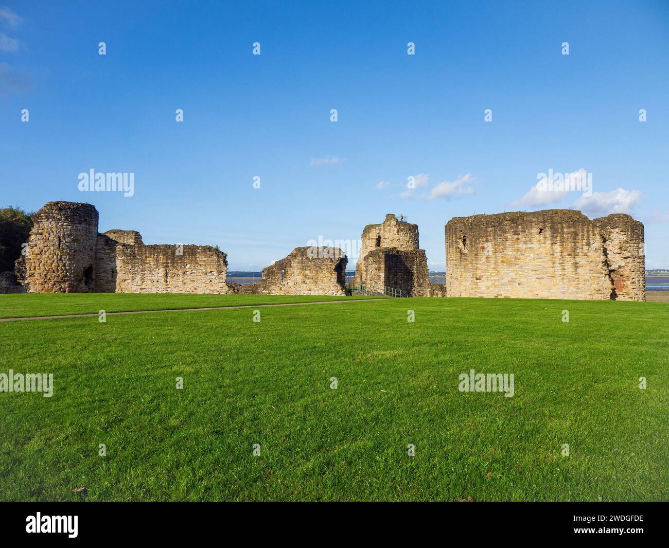 Front view of the ruined walls of Flint Castle, with it's unique outer donjon design, Flint, Flintshire, Wales, UK Stock Photo