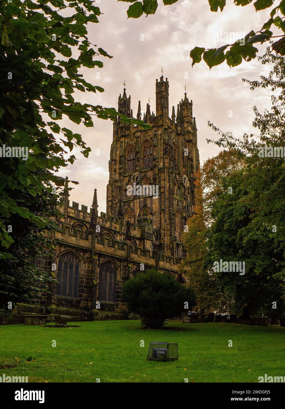 View of the tower of the Parish Church of St Giles' from the church grounds in Wrexham, Wrexham County Borough, Wales Stock Photo