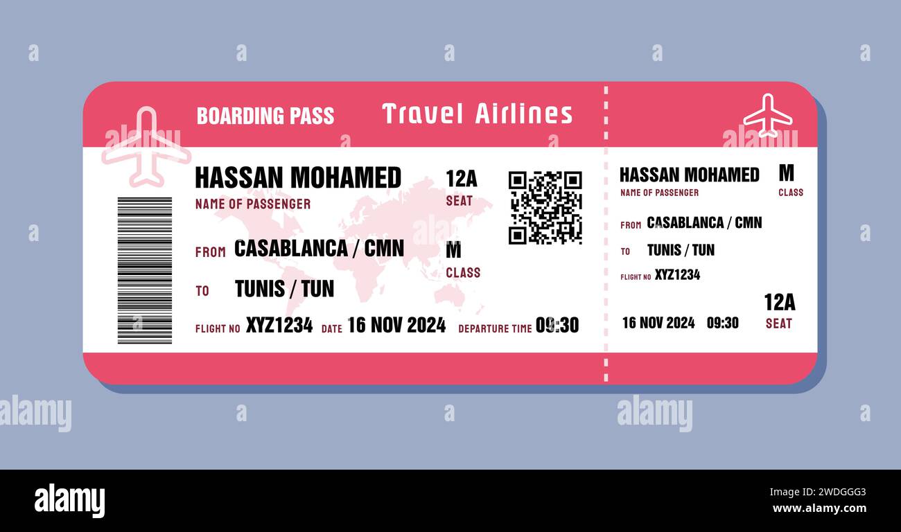 Ticket to Tunis, Tunisia. Boarding pass template with generic data