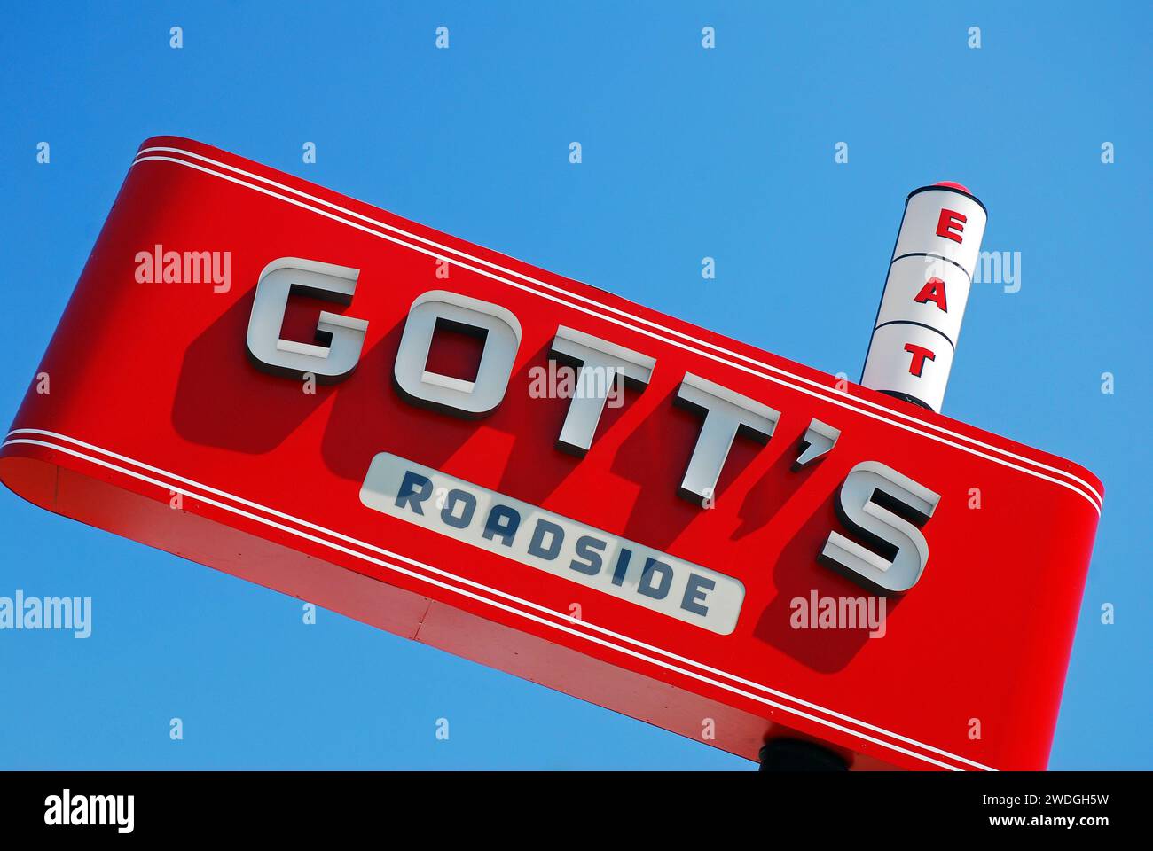 Gotts, a popular roadside restaurant in Napa, California, draws in diners with their bright red sign Stock Photo