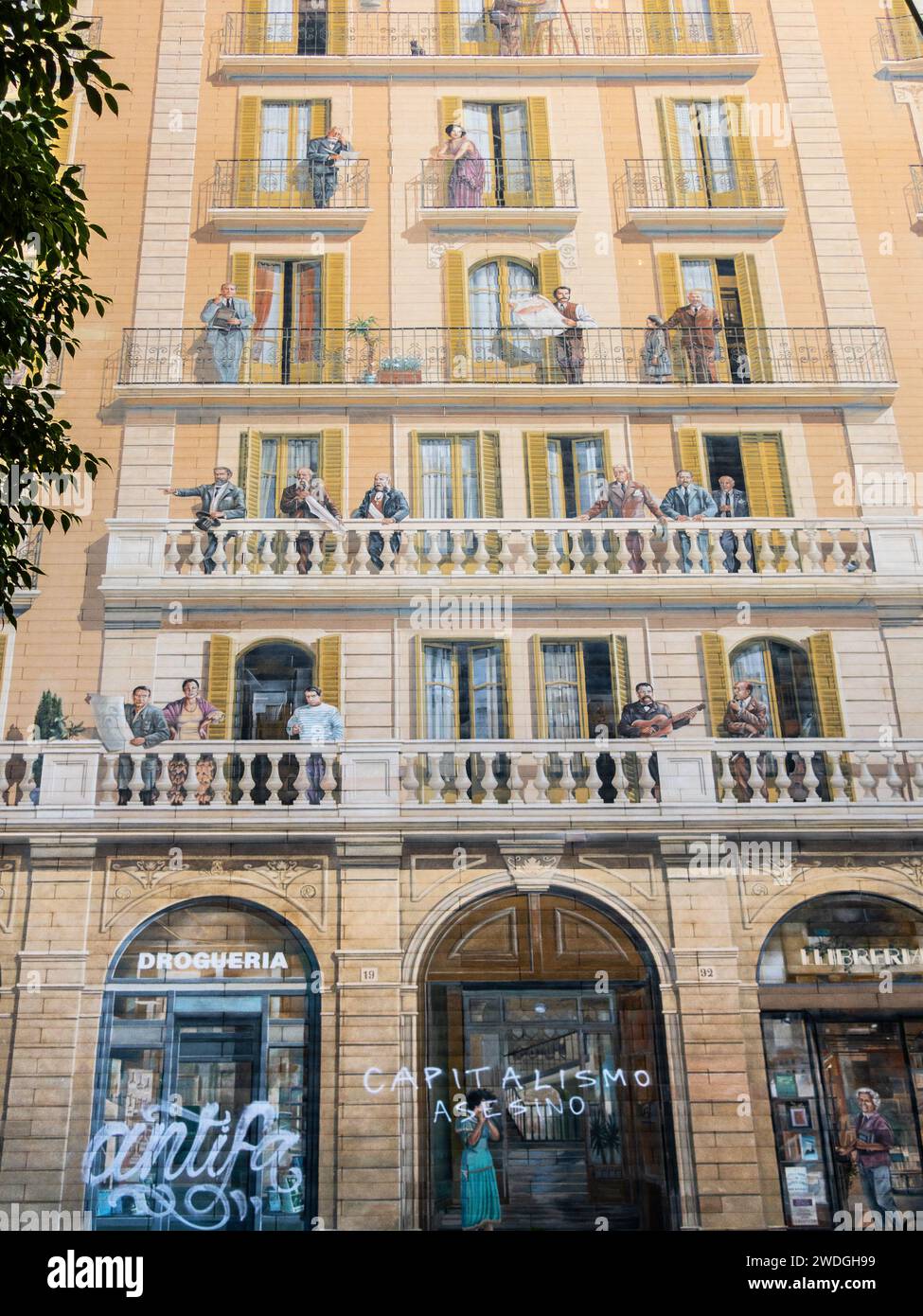 Commemorative mural of famous Spaniards on a building in Barcelona, Spain. Stock Photo