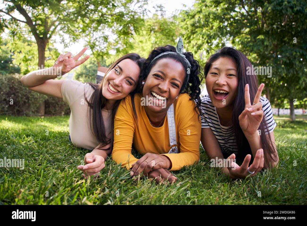 Multi-ethnic group portrait smiling young women lying on grass in park. Generation z sunny outdoors. Stock Photo