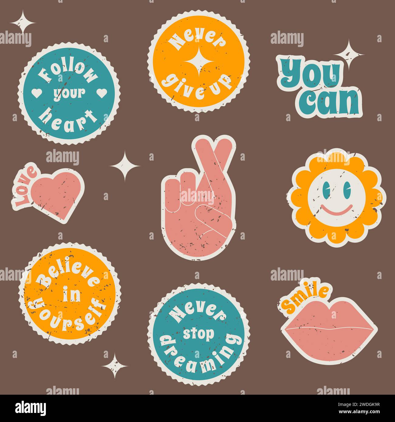 A set of round stickers with motivational quotes in retro style. Vector ...