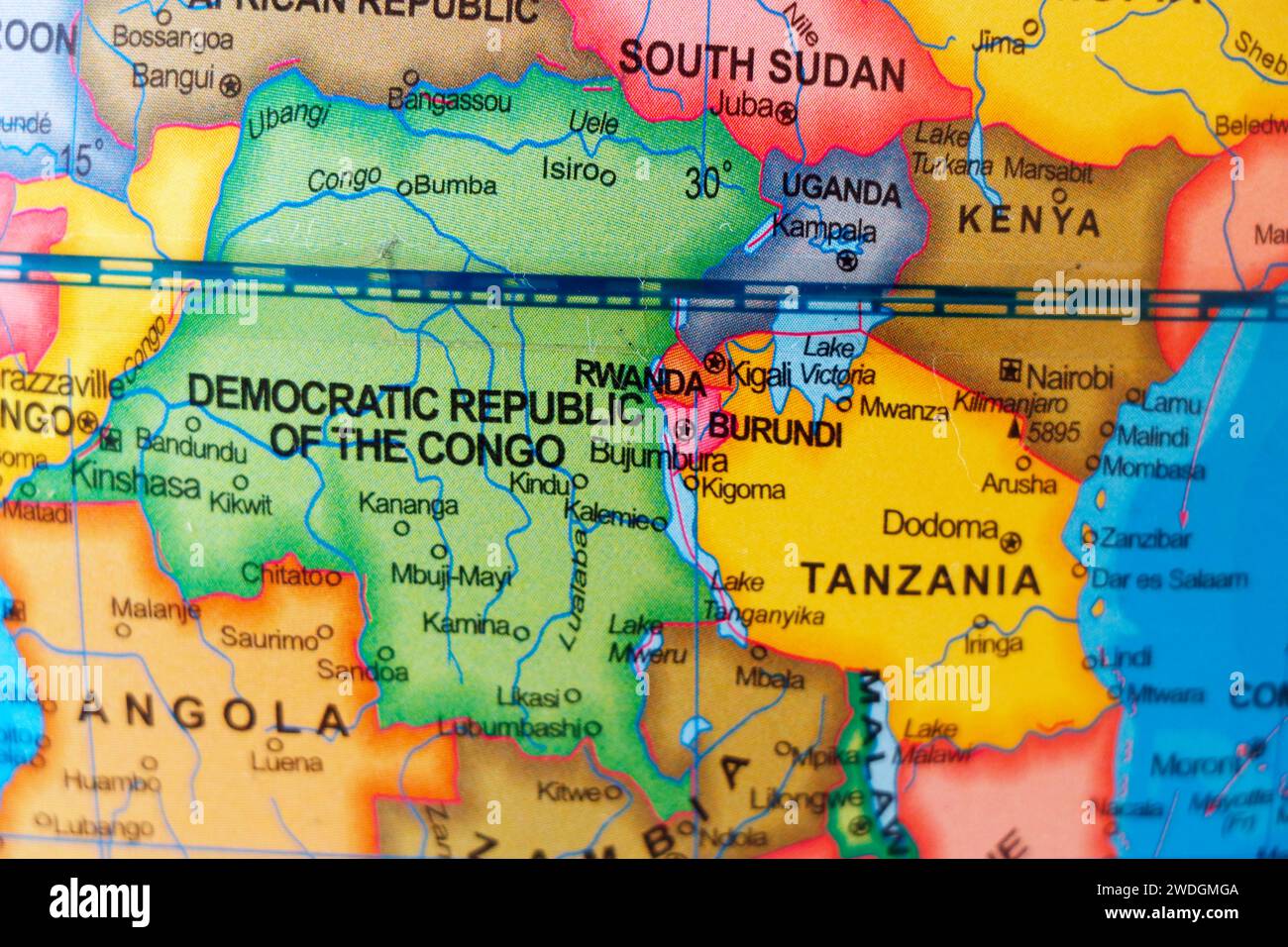 map of african country democratic republic of congo and neighbour nations rwanda, burundi, sudan,uganda, tanzania and angola Stock Photo