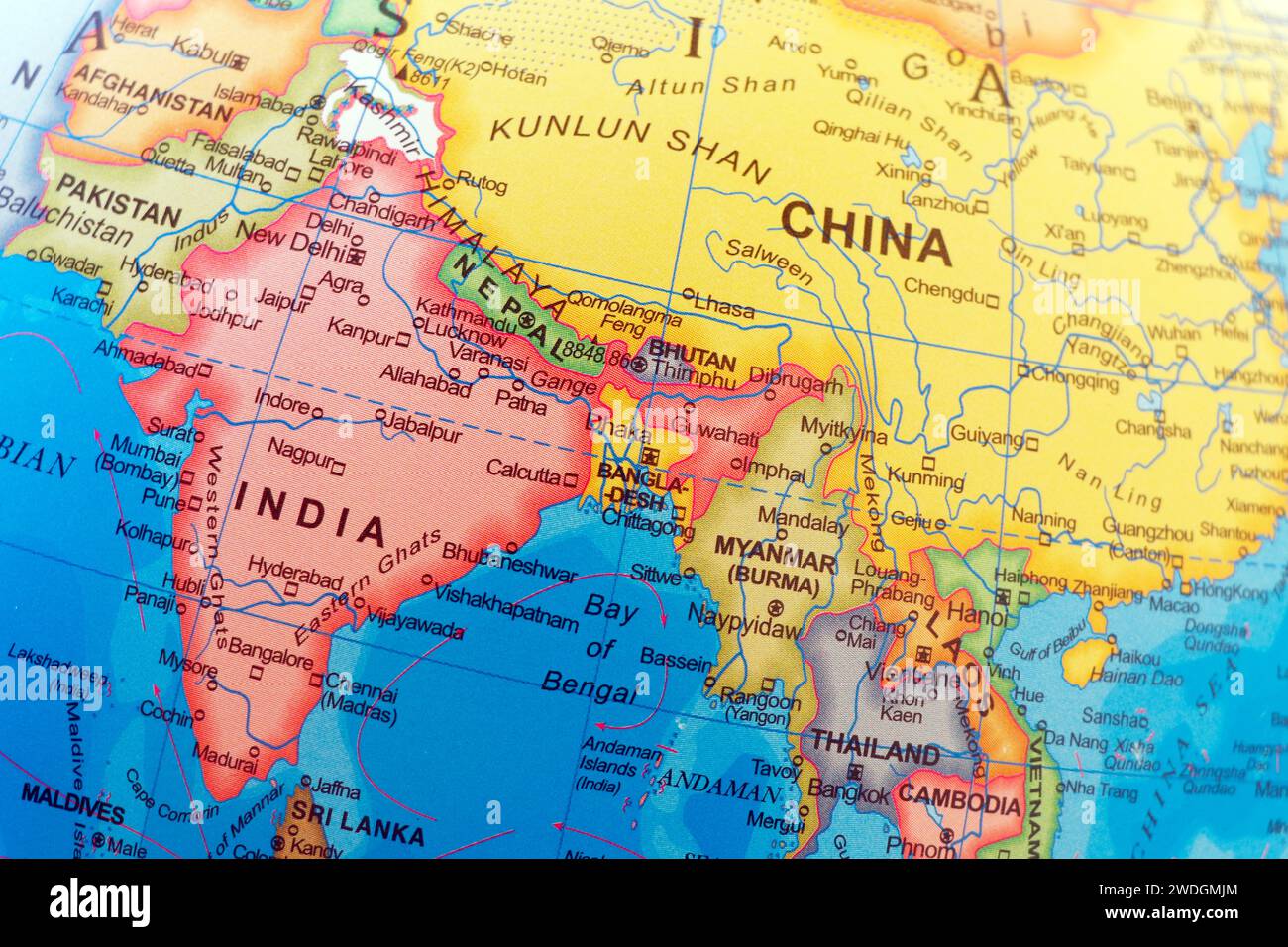 world map of asian countries india pakistan china afghanistan and nepal in close up Stock Photo