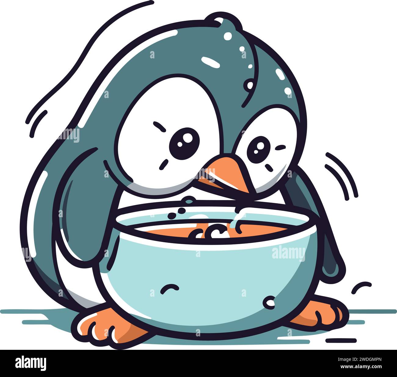Cute penguin eating from a bowl. Vector cartoon illustration Stock