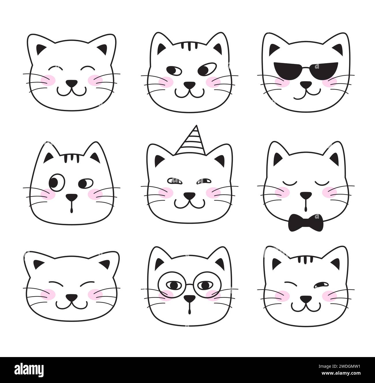 Funny cat faces. Animal character pet faces. Doodle illustrations