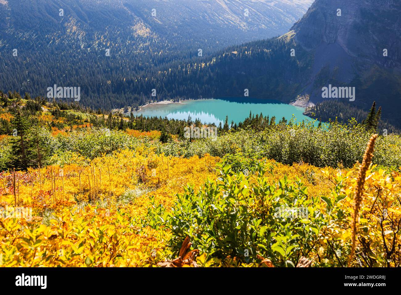 Beautiful Grinnell Lake in montana with autumn colors in the forest ...