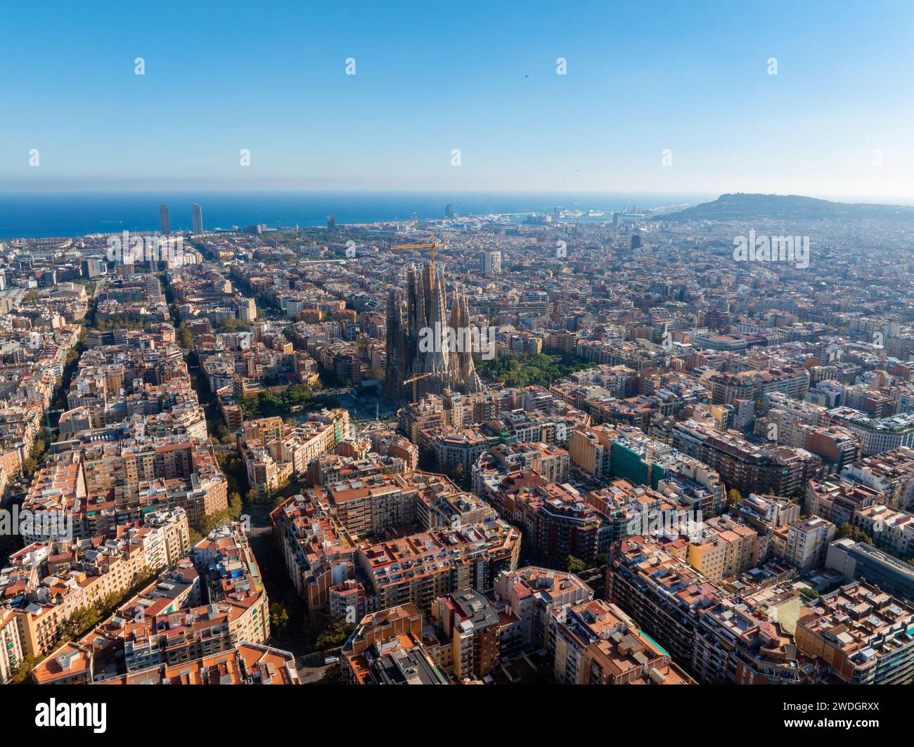 Aerial view of Barcelona City Skyline and Sagrada Familia Cathedral at ...