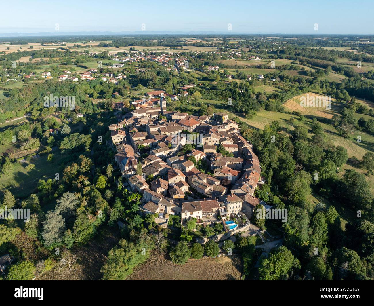 Aerial View of the many buildings of the medieval city of Perouges ...