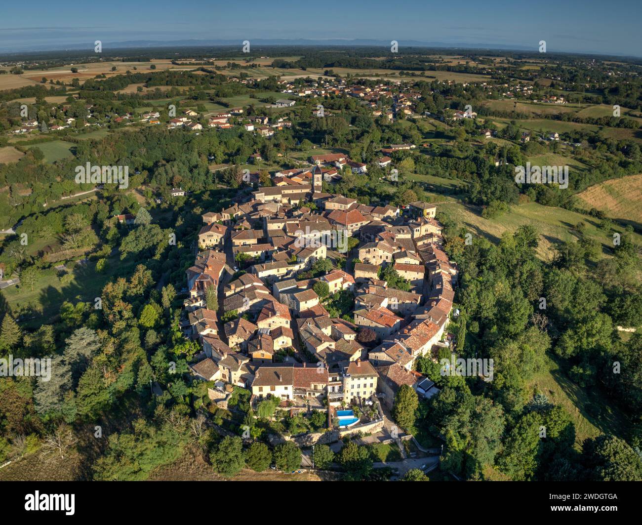 Aerial View of the many buildings of the medieval city of Perouges ...